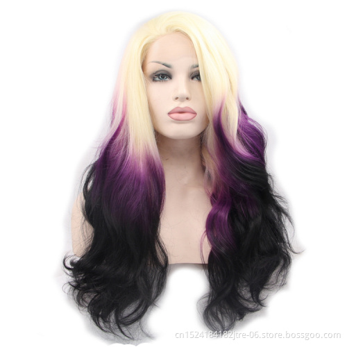 synthetic ombre blonde to purple black color wig, synthetic lace front wavy wig blonde beyonce